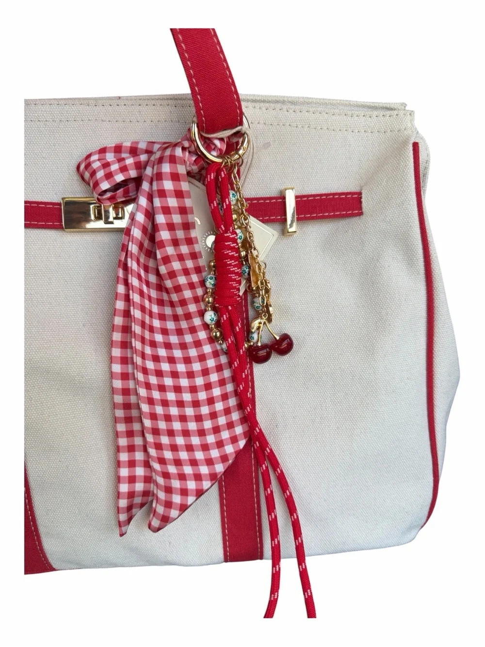 VIRAL Sol & Mer Red Canvas Tote with Scarf and Fruit Charms Vacation Style Bag - Picture 4 of 11